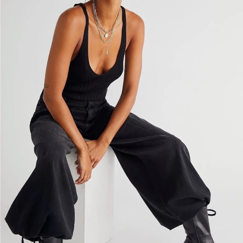 Free People Lotus Jeans Patch Front Pockets Pleated Cinched Tie Ankles Black - Picture 6 of 7